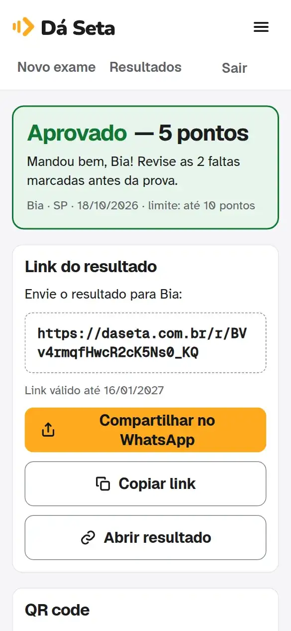 O resultado de um simulado no Dá Seta: aprovado com 5 pontos, com o link para o aluno.